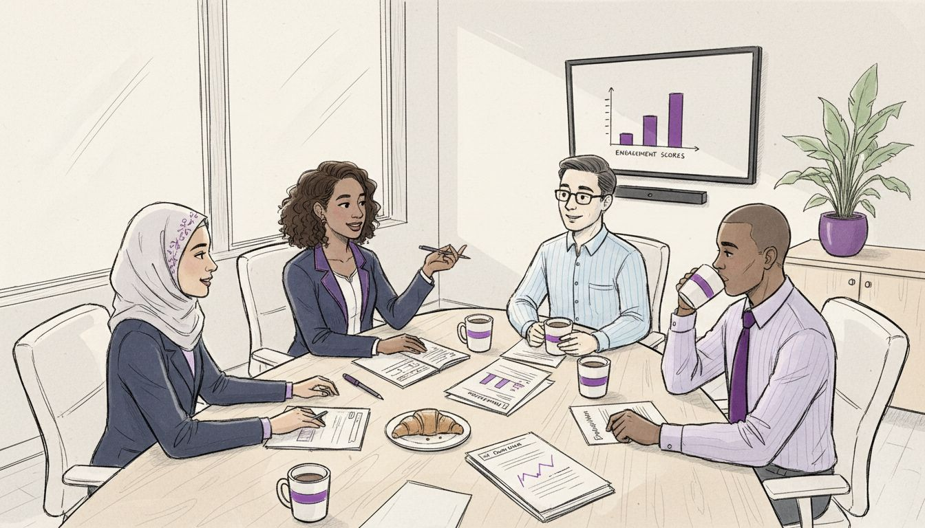 Employees having team discussion at conference table