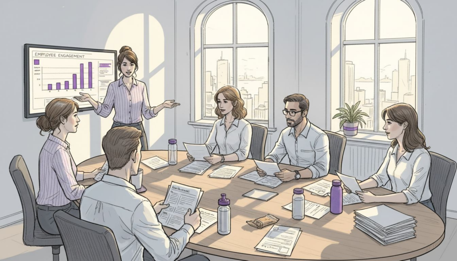 Team meeting discussing people operations data