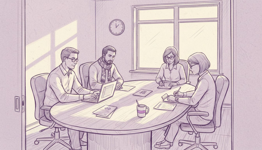 Diverse workplace team meeting in corner office