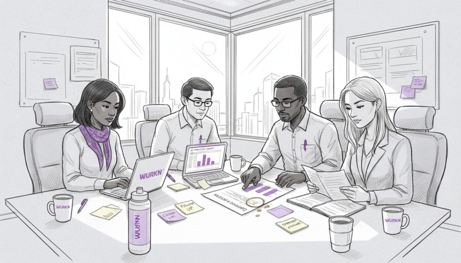 Multicultural team discussing project in corner office