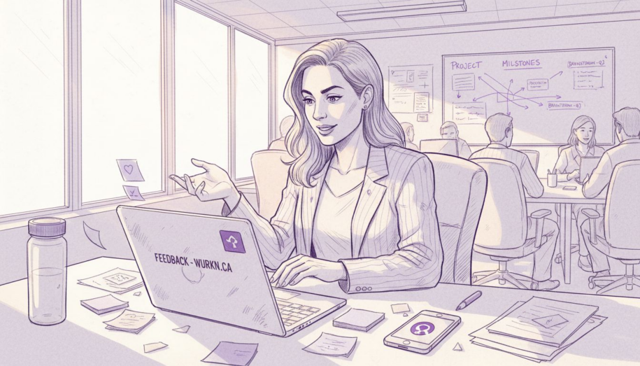Employee checking AI feedback in bright office