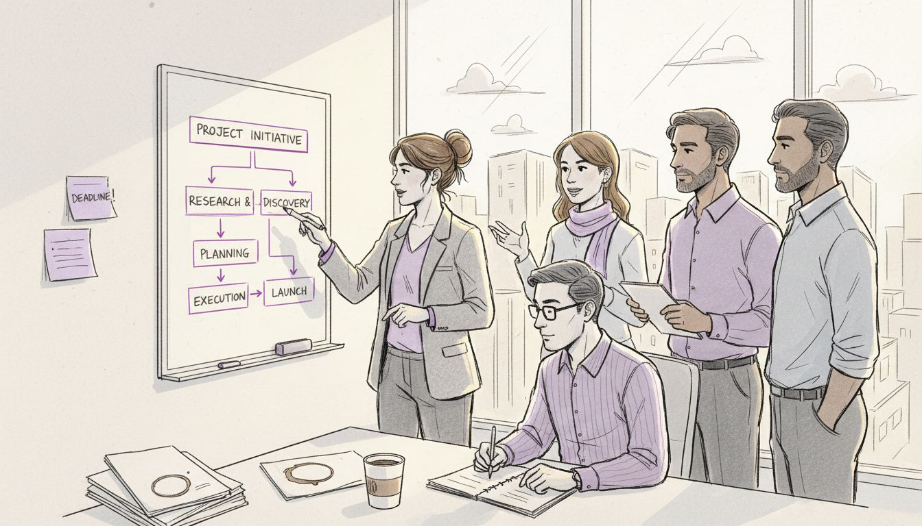 Employees at whiteboard in bright office