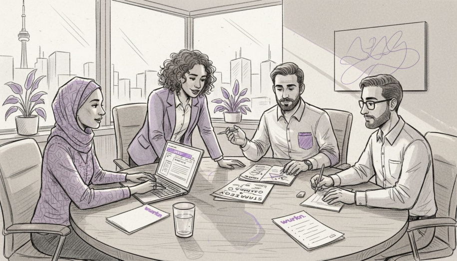 Team discussing engagement in corner office workspace