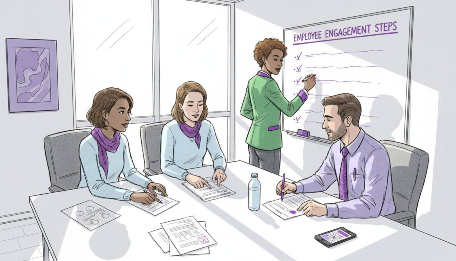 Team collaborating on employee engagement checklist