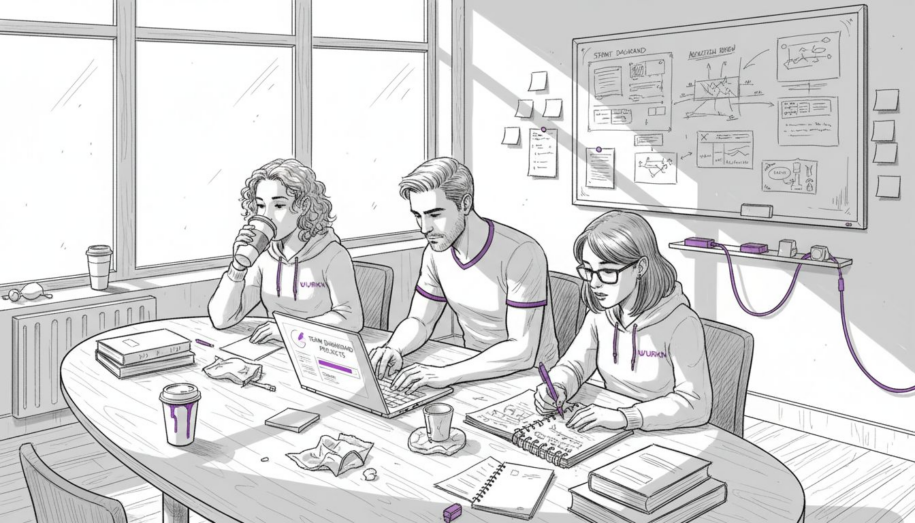 Tech team collaborating in corner office