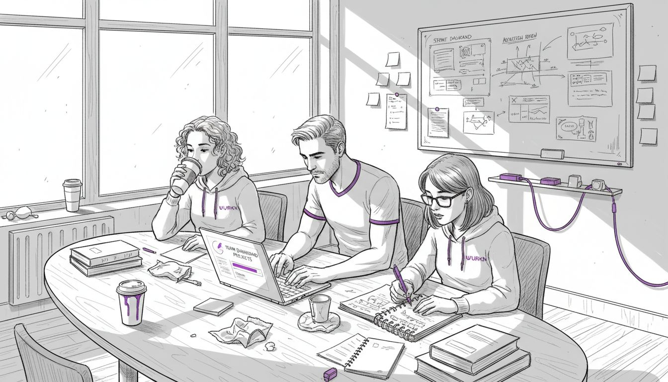 Tech team collaborating in corner office