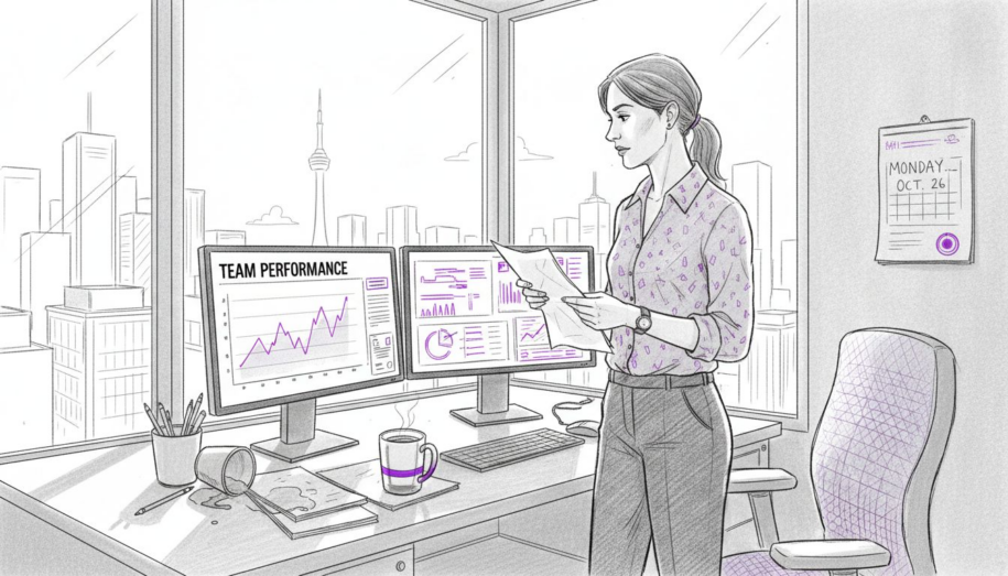 Manager reviews productivity report in corner office