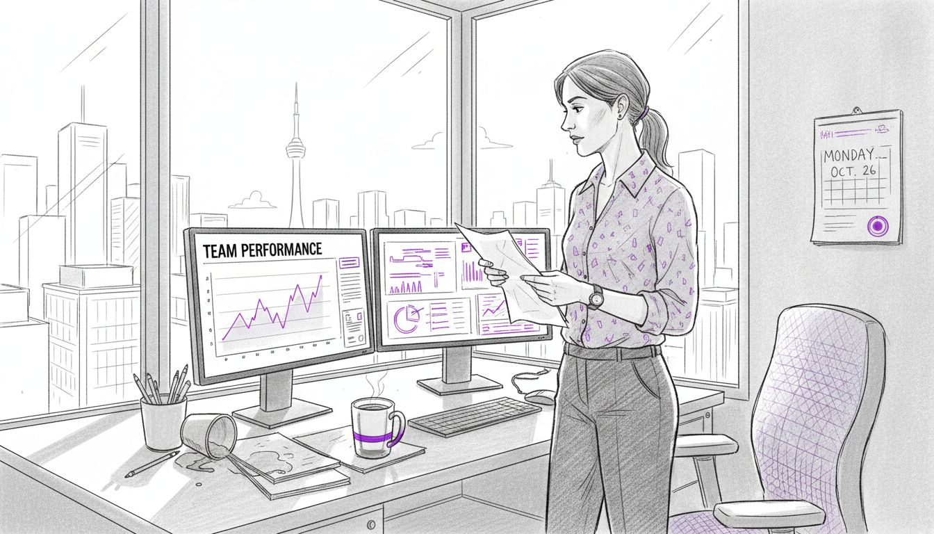 Manager reviews productivity report in corner office