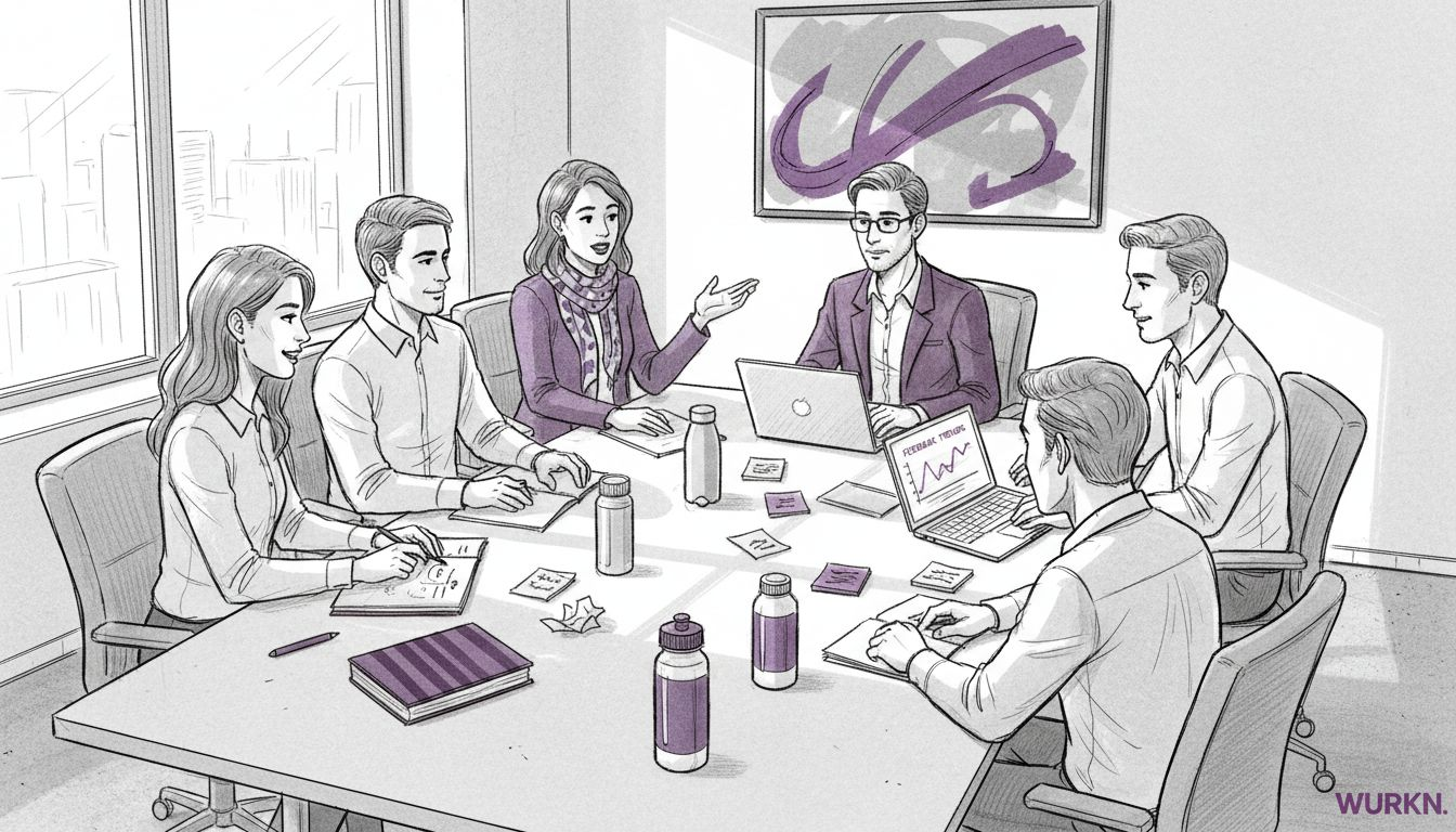 Team sharing feedback in bright corner office