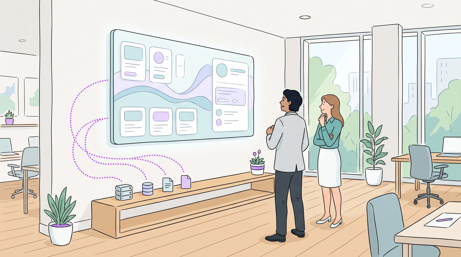 A traceable AI recommendation panel with a visible dotted path back to its underlying data sources