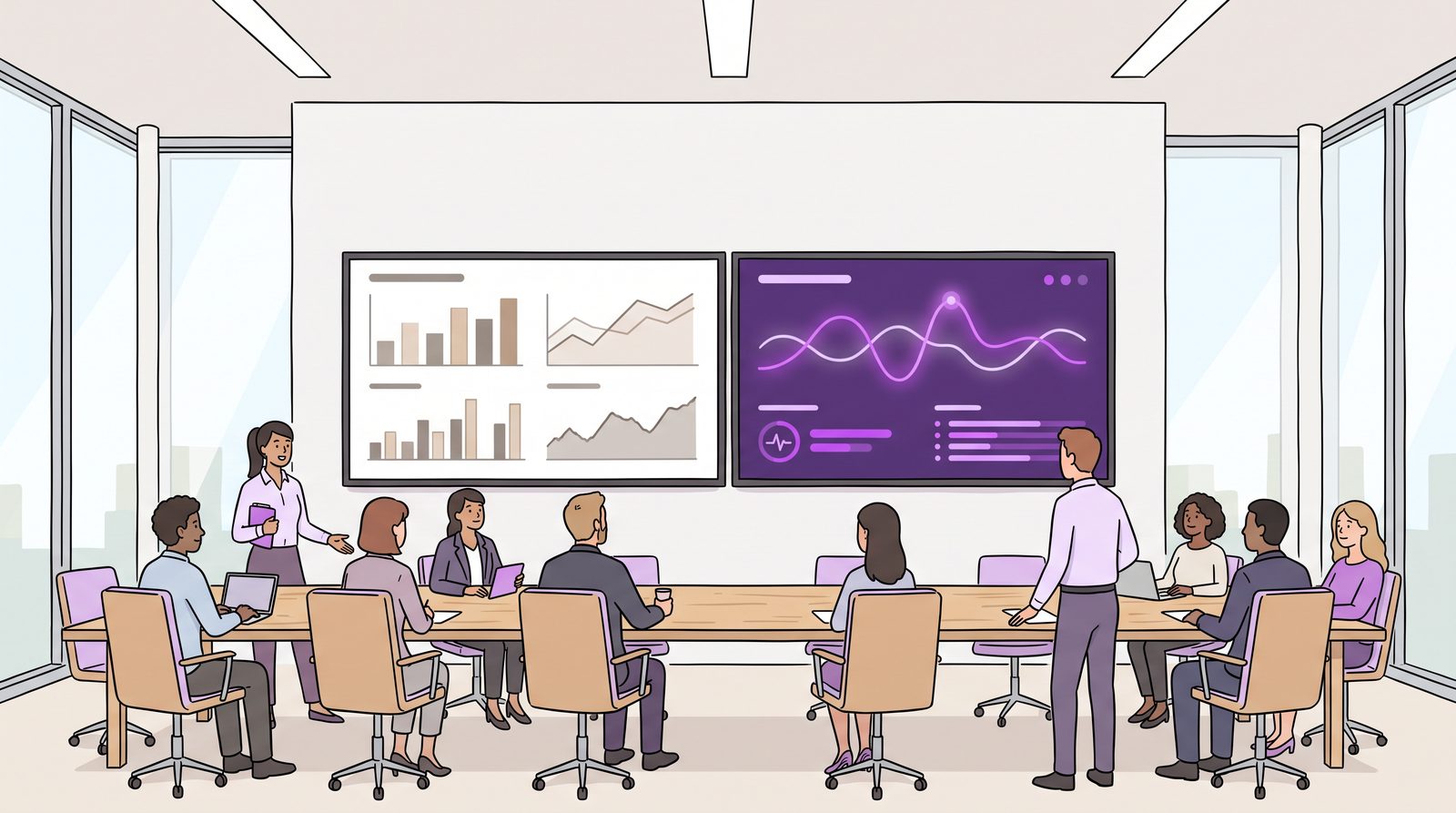 A bright board room where a live people-health read sits beside the financial dashboards as an equal